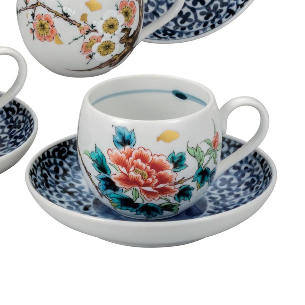 Kutani ware Iwataya coffee set with floral pattern, K8-1023