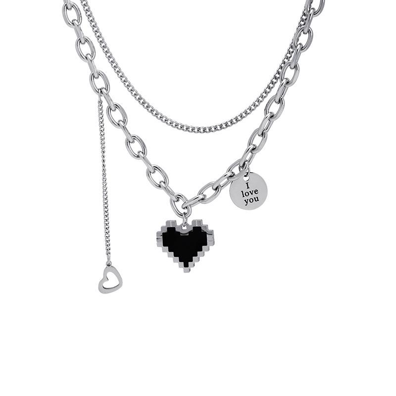 Titanium Steel Black Heart Pendant Necklace - High-End Niche Design Sweater Chain