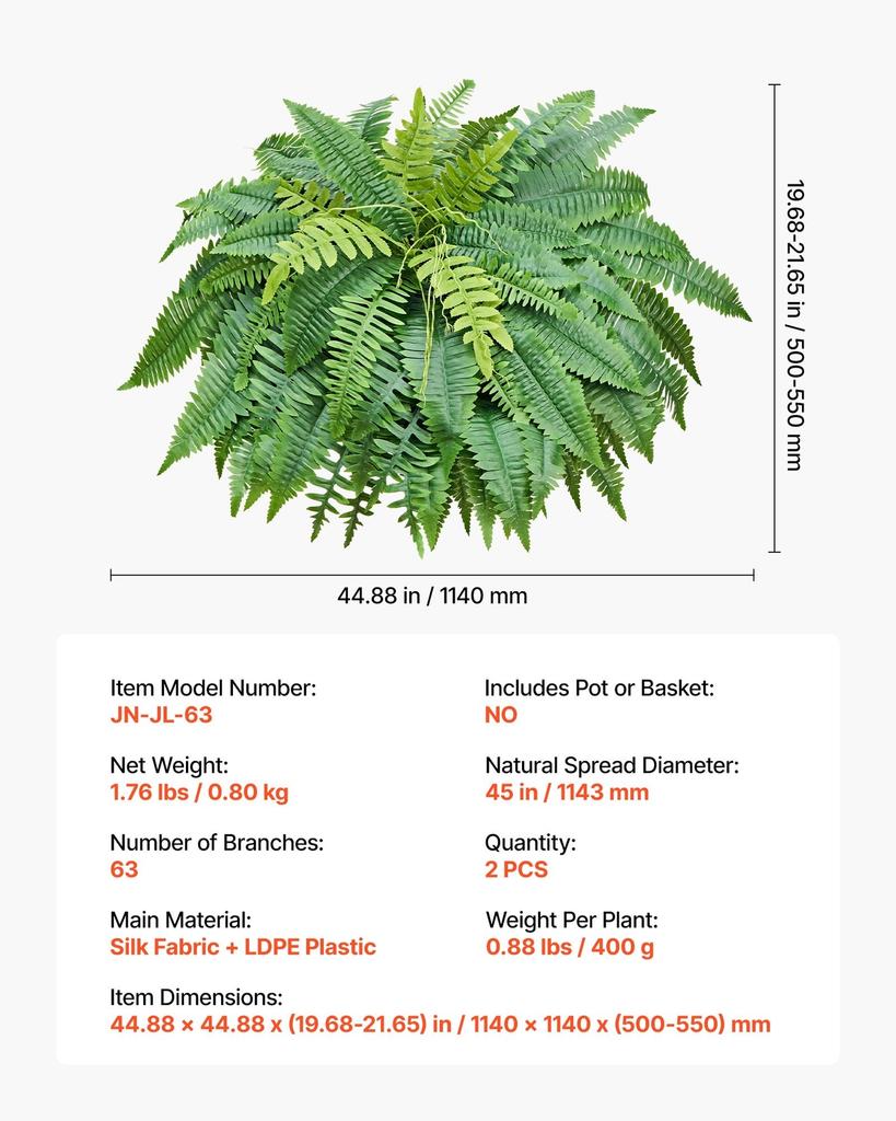 Artificial Ferns, 1143 mm Fake Boston Fern Bush Plant with 63 Fronds, Faux Greenery for Indoor/Outdoor Decor, Silk & LDPE, Suitable for Home Porch