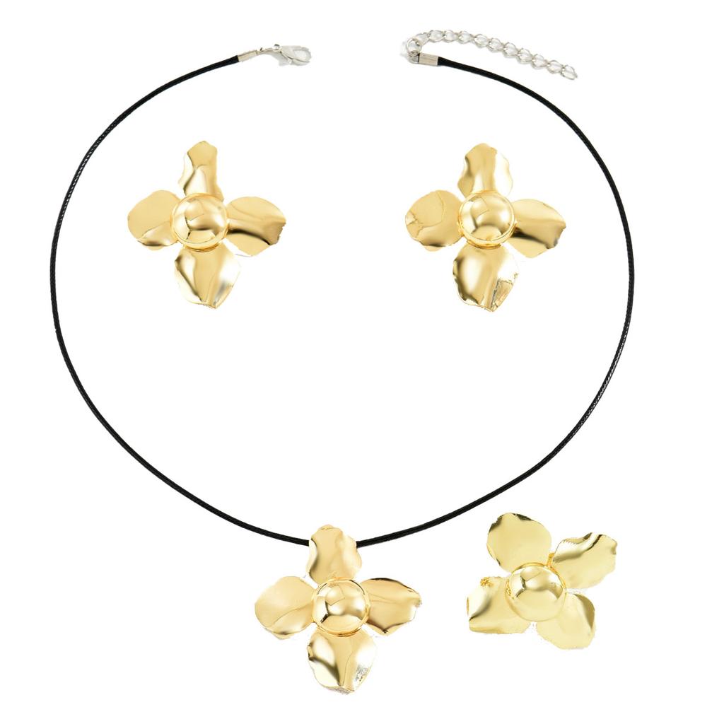 Simple hip-hop style flower earrings ring set personalized 18K gold electroplated long necklace women's jewelry