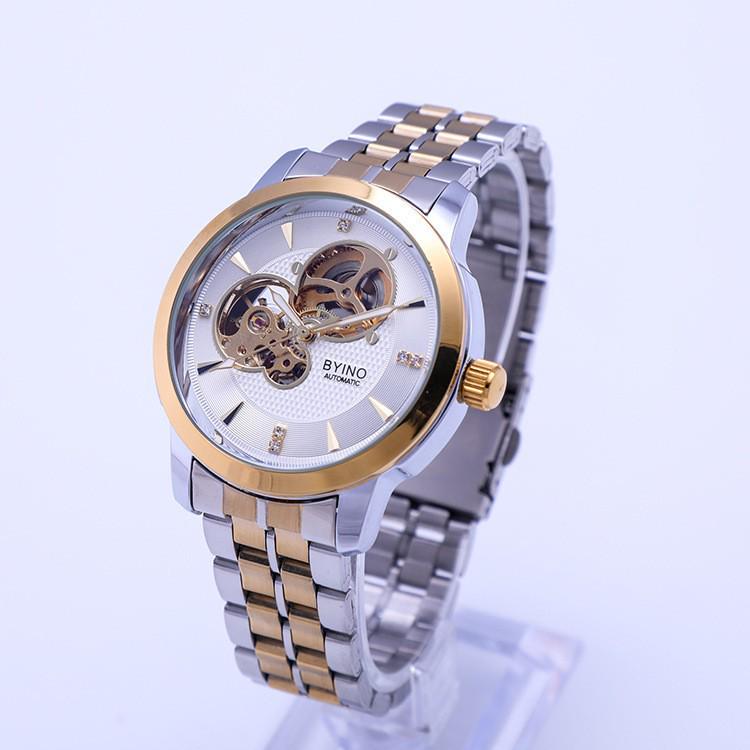 BYINO 8082 Men s Luminous Skeleton Automatic Steel Strap Watch