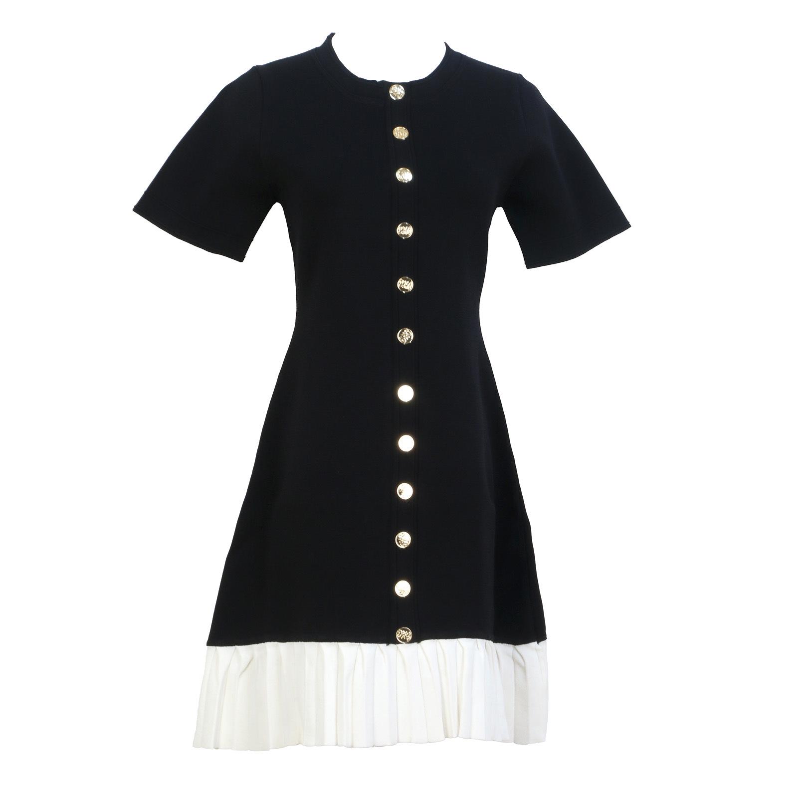 

French-Inspired Color-Block Pleated Dress - Slim Fit, Short Sleeve, Single-Breasted for Women Small
