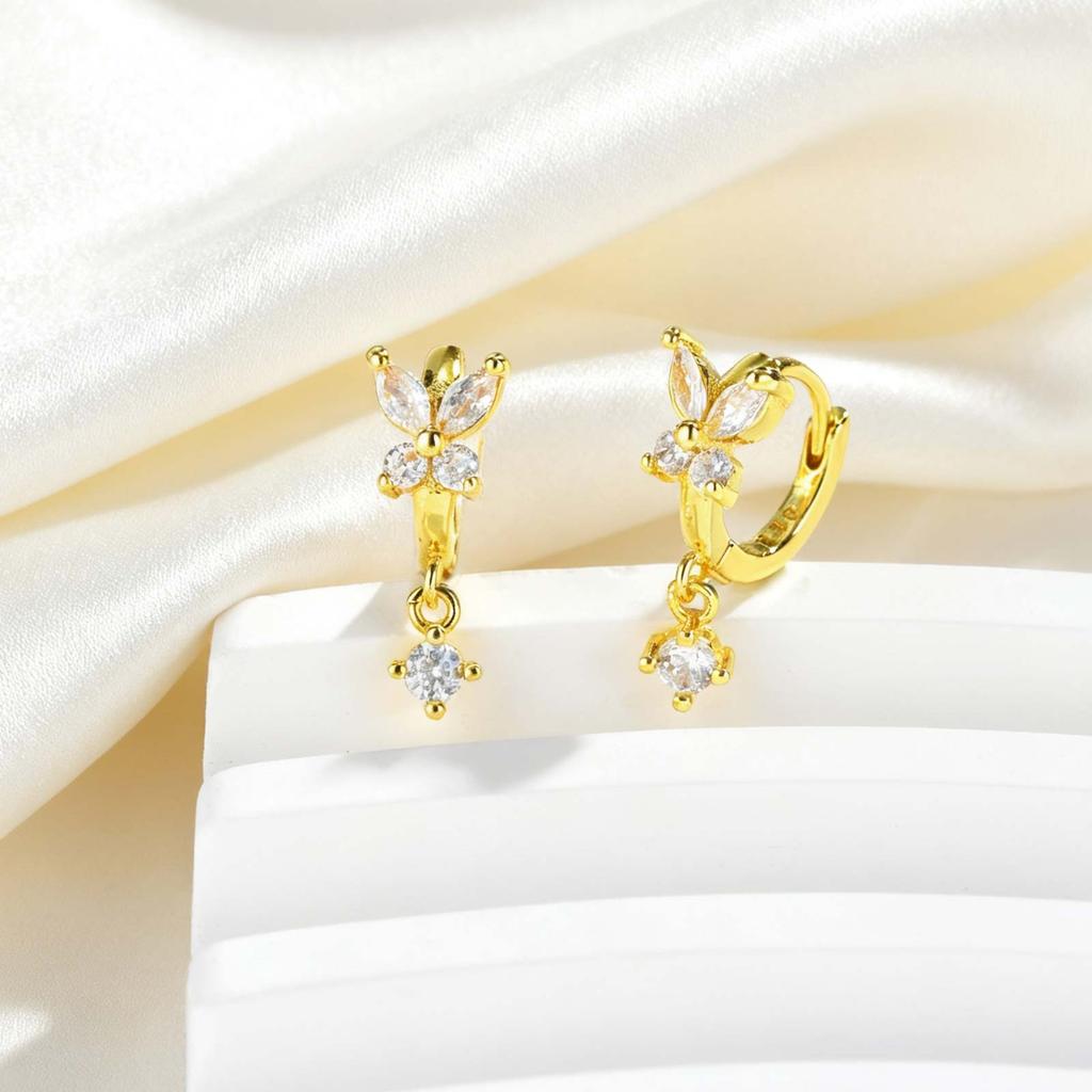 Colorful Zircon Pendant Butterfly Hoop Earring For Women, Gold Plated Tiny Huggies Earrings,Fashion Elegant CZ Dangle Jewelry