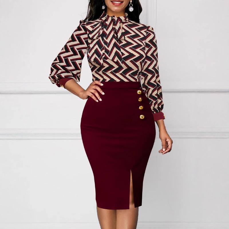 Spring and Autumn Women's Patchwork Dress Temperament Commuter Split Package Hip Dress