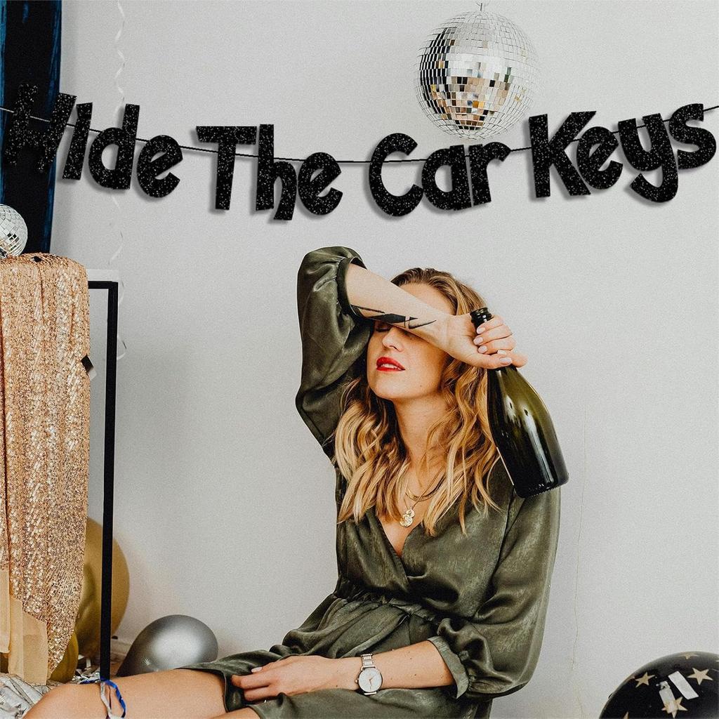 Hide The Car Keys Banner,Pre-Strung Glitter Black Happy 16th Birthday Banner,15th and 16th Funny Birthday Party Decorations for Boys Girls 16 Year
