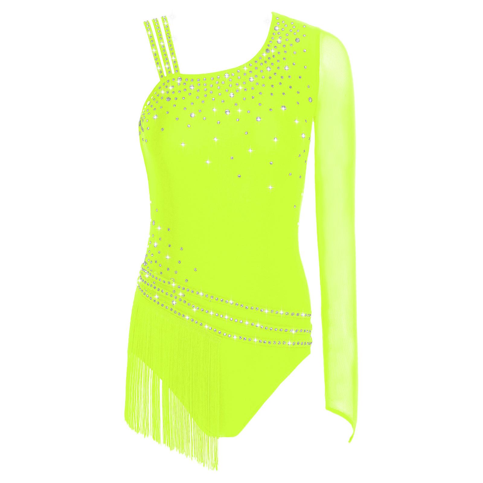 

Womens Asymmetric Shoulder Bodysuit Glittery Rhinestone Tassel Fringe Design Gymnastics Figure Skating Dancewear S флуоресцентний жовтий колір