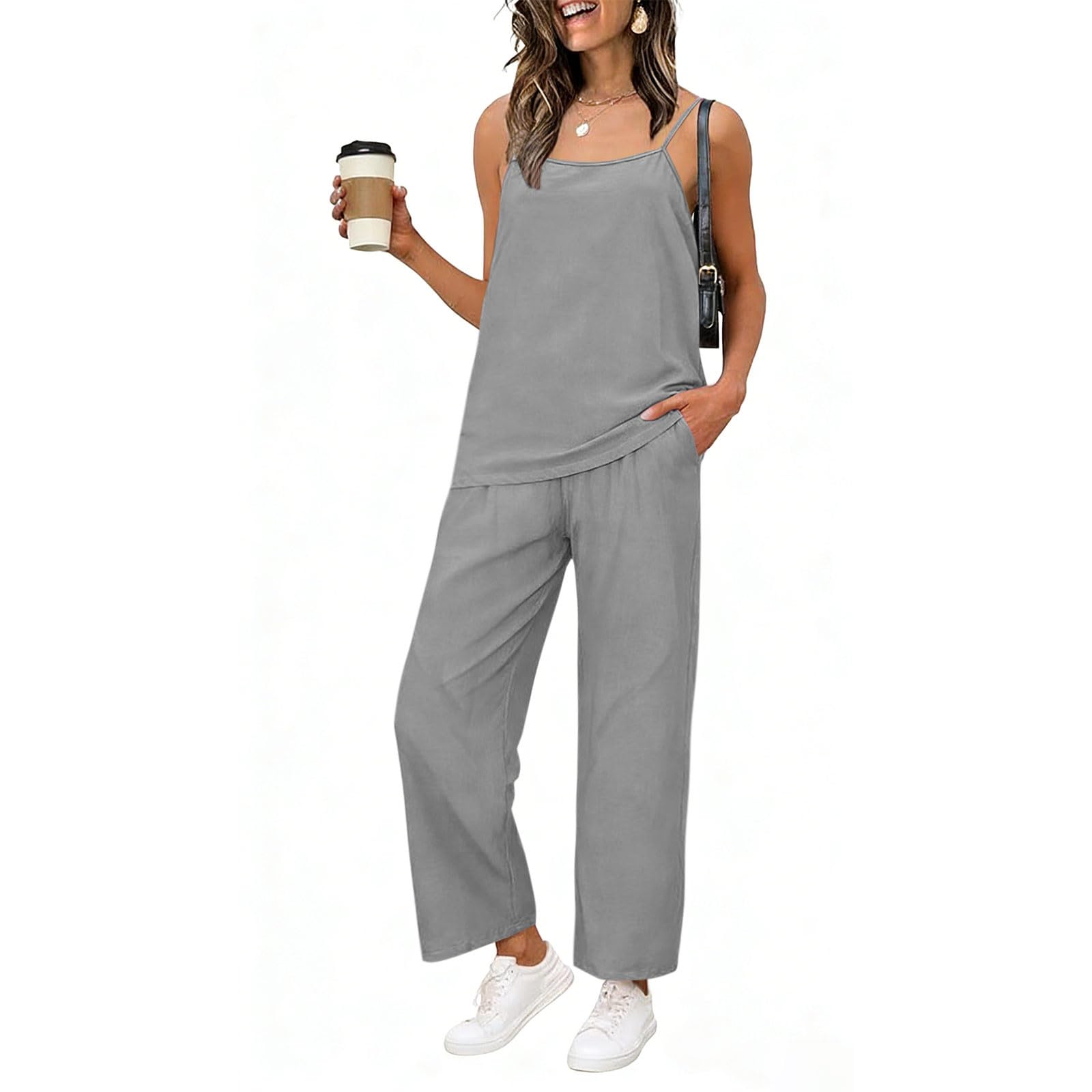 

Women 2 Piece Casual Top Wide Leg Pants Set Beach Travel Vacation Outfits M