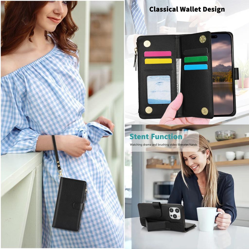 XL-001 For iPhone 15 Pro Case Zipper Pocket Wristband Stand Leather Phone Cover