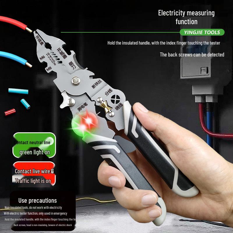 Multi-Functional Electrician's Tool: Wire Stripper, Crimper, Splitter, Winder, Cutter, and Voltage Tester.