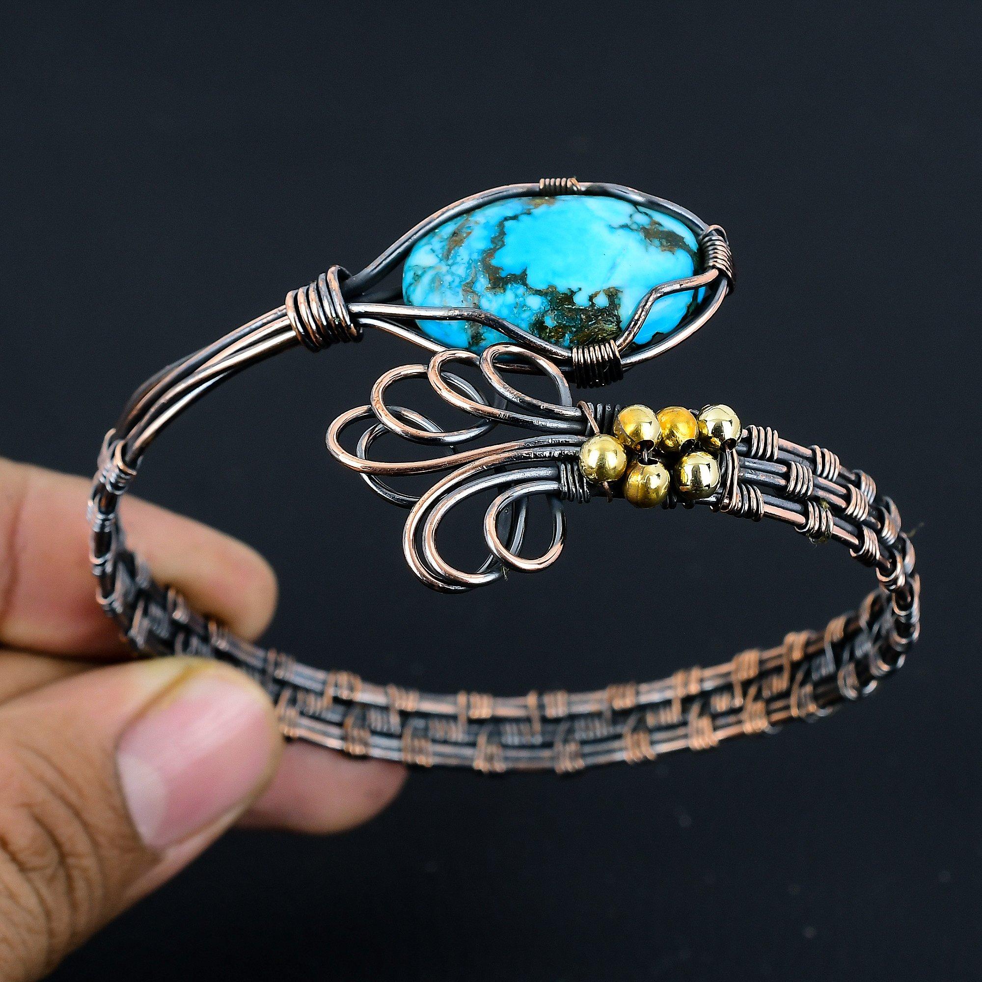 

Тибетский браслет из бирюзы, Браслет из драгоценного камня ручной работы, Антикварное украшение, обернутое медной проволокой 999 пробы, Подарок для любви