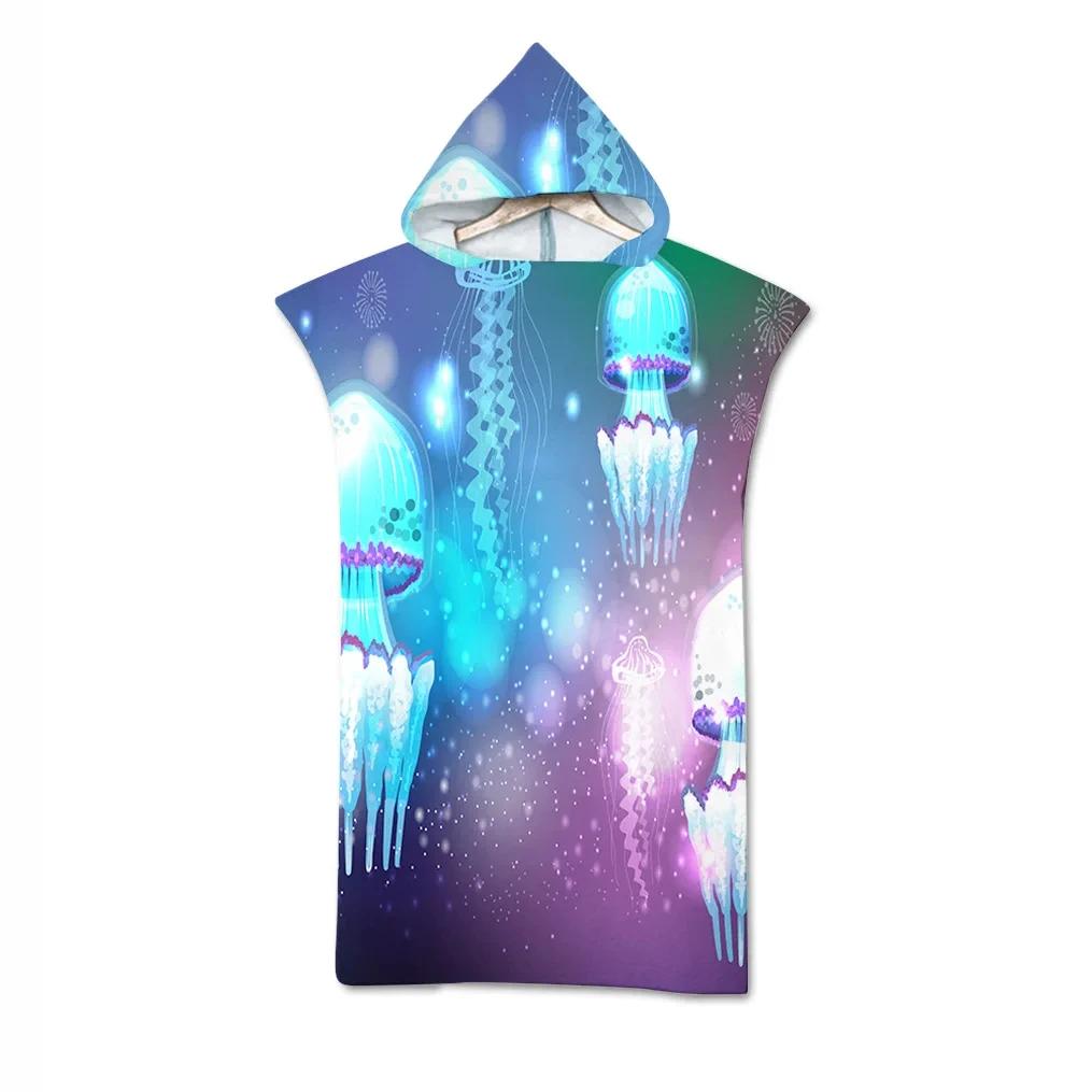 Jelly Fish Bath Beach Towel with Hood Microfiber Soft Hooded Robe Towel Poncho for Swimming Beach Surf Woman Bathrobe Beachwear
