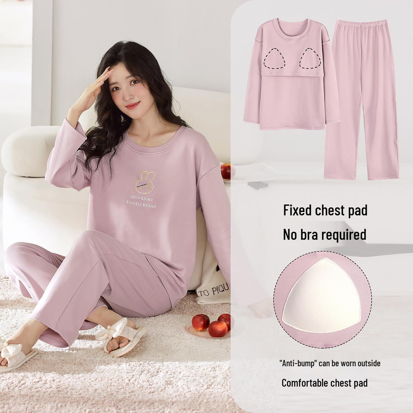 

Женский мультяшный пижамный комплект 2025: Весна/Осень, Нагрудные вкладыши, Длинный рукав, Круглый вырез, Хлопок, Для ношения дома/на улице M [80-100 lbs]