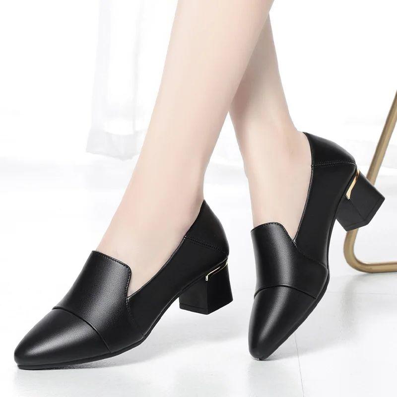 fashion Fashion Comfortable Med Block Heels Soft Leather Shoes Shallow 2024 Spring Women's Slip On Pointed Toe Office Work Mother Simple