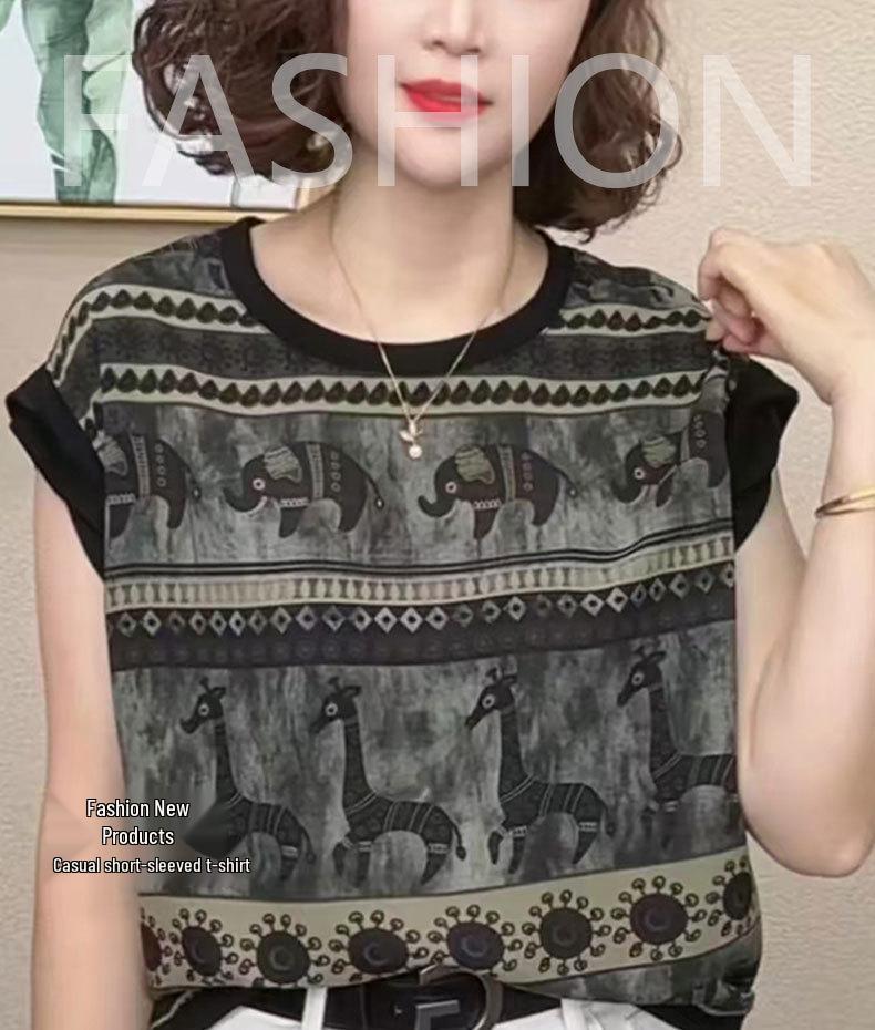 2026 Summer Casual Loose Fit Short Sleeve Round Neck T-Shirt for Young Moms