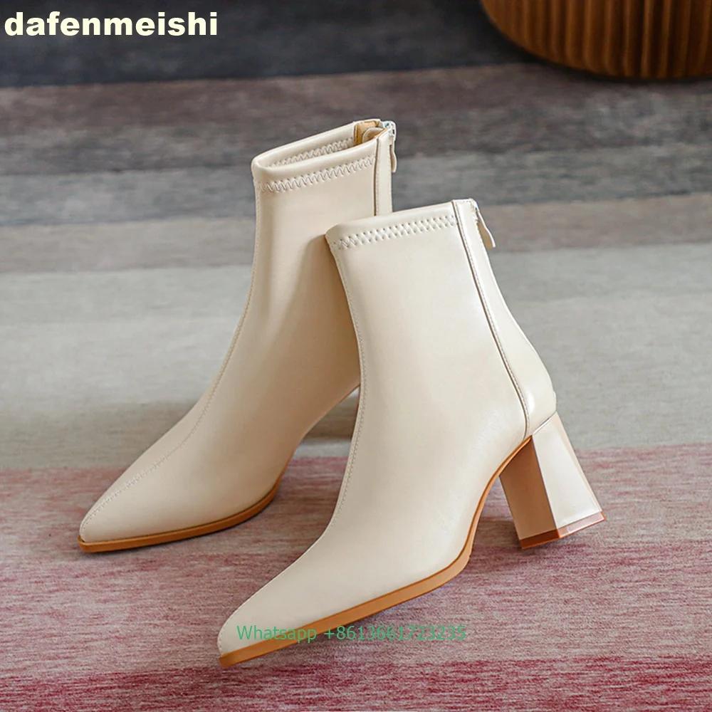 

Женские ботильоны с острым носком на массивном высоком каблуке, кожаные ботинки 2025, новые зимние ботинки на молнии сзади, однотонные, повседневные, лаконичные 40