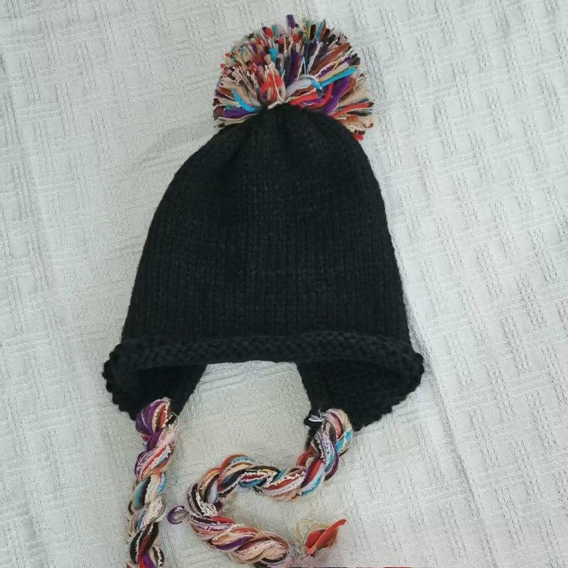 Herbst und Winter Bunte Quaste Pullovermütze für Damen Koreanischer Stil Vielseitig Große Wollkugel Handgefertigt Geflochten Gestrickte Wollmütze