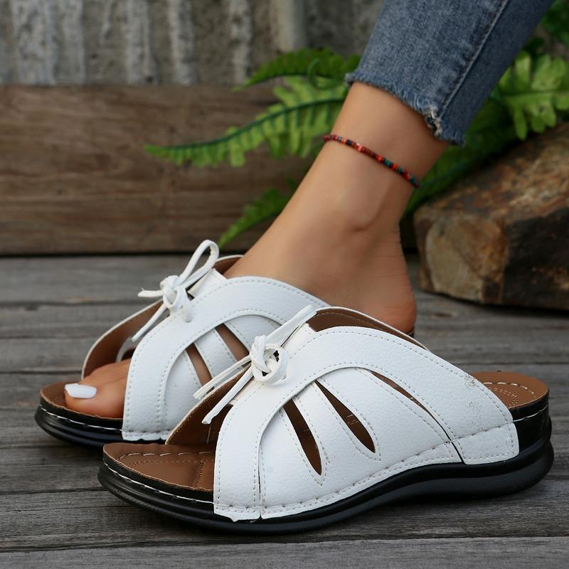 New summer women's wedge heel fish mouth slippers solid color large size bow decorative sandals women