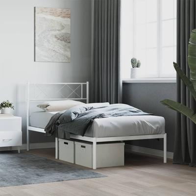 Metal Bed Frame with Headboard, White, 90X200 Cm