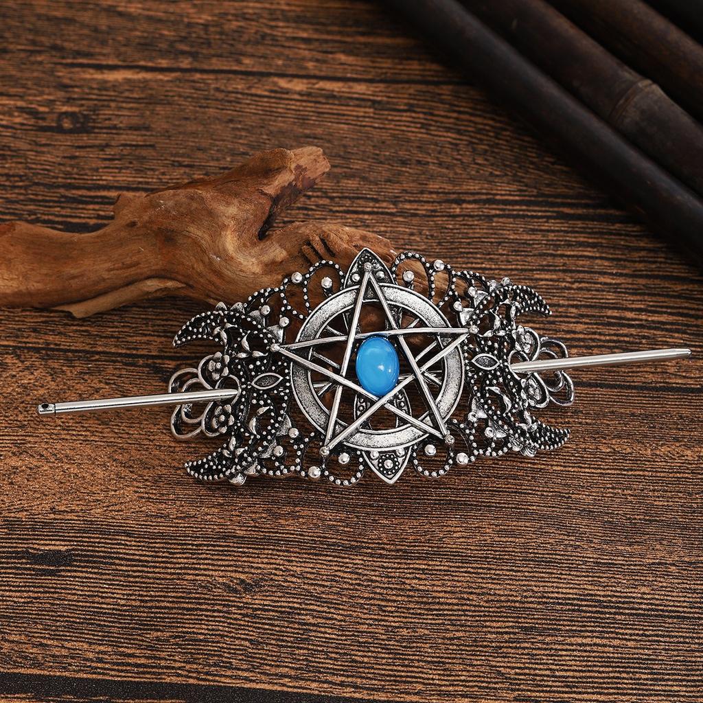 Gothic Style Pentagram Gemstone Hairpin Vintage Silver Decoration Hollowed Out Pattern Hairpin Dark Themed Boutique Headwear