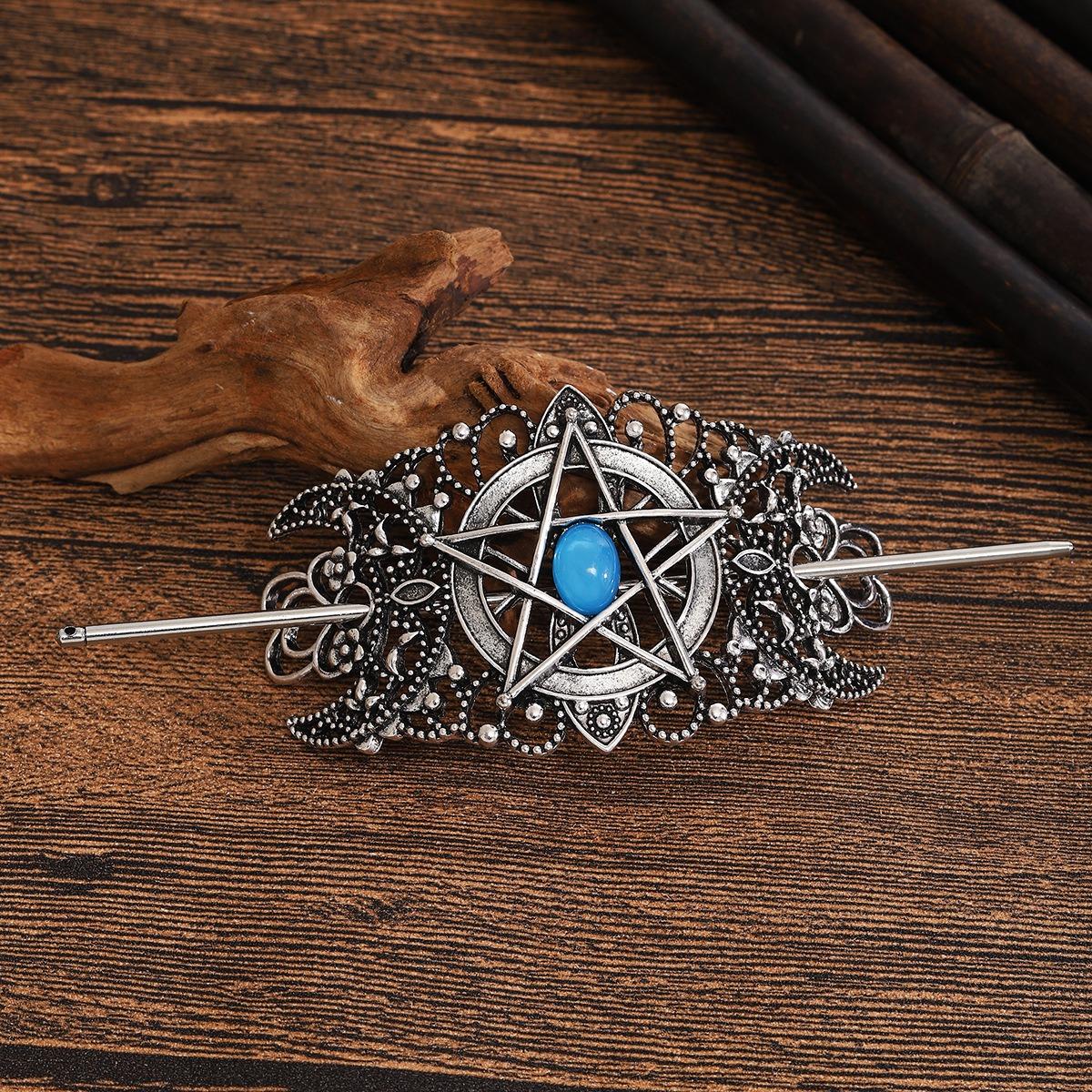 

Gothic Style Pentagram Gemstone Hairpin Vintage Silver Decoration Hollowed Out Pattern Hairpin Dark Themed Boutique Headwear