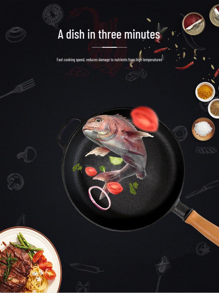 Uncoated Cast Iron Multi-Use Pan for Eggs, Pancakes, Steamed Buns, and Steak - Small Wok, Oil-Free Cooking.