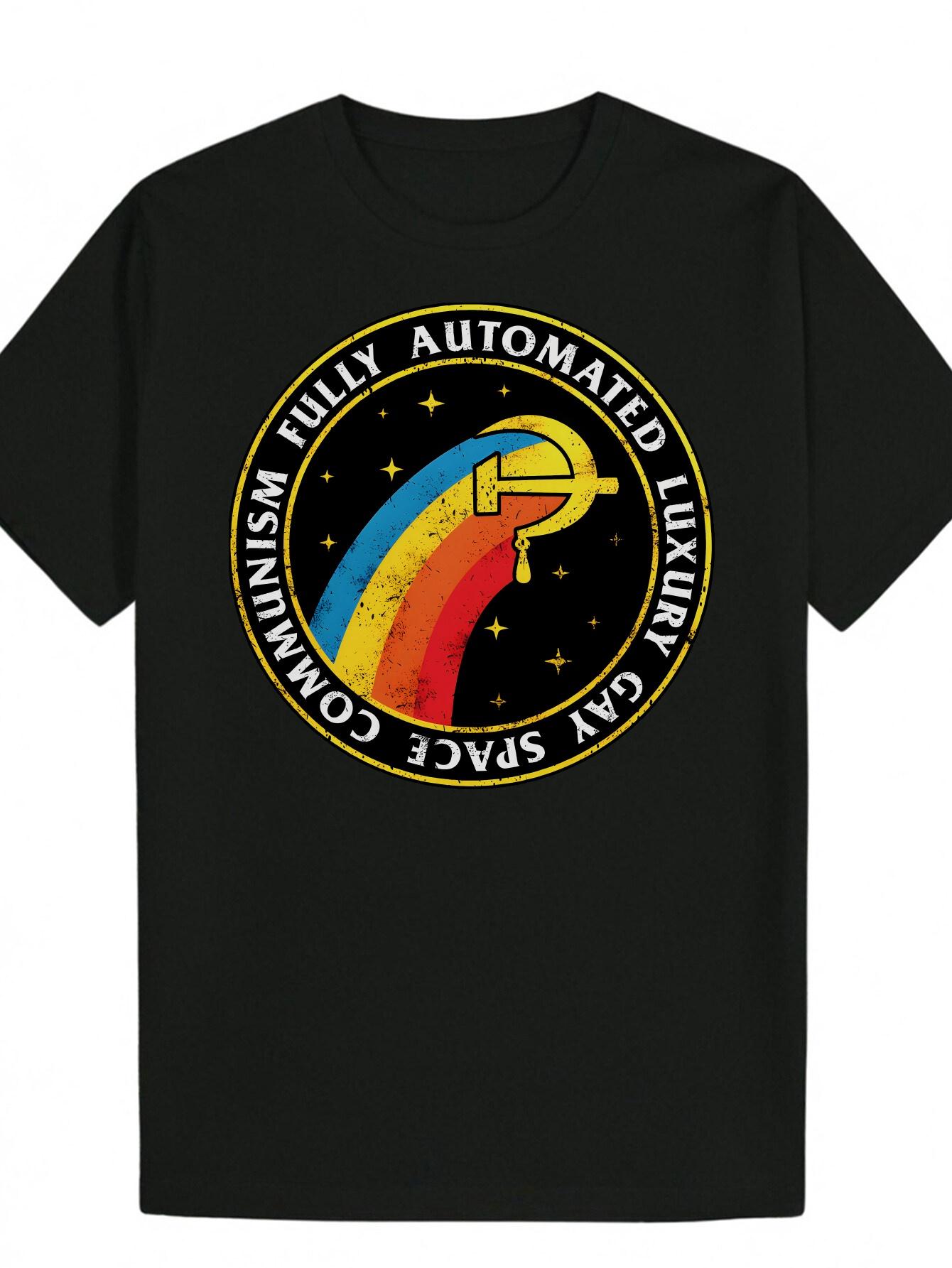 Crew Neck Polyester Graphic T-shirt - Fully Automated Luxury Rainbow & Robot Design S