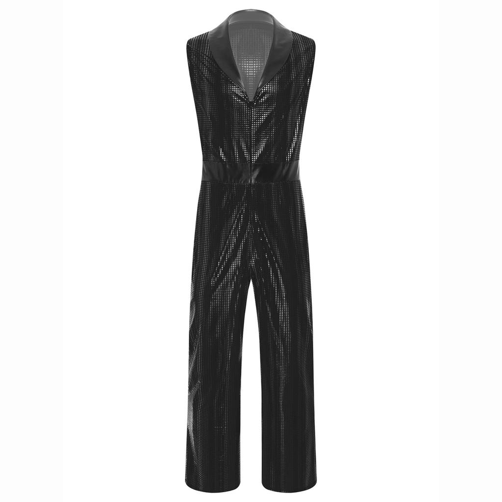Mens 1920s Disco Costume Lapel V Neck Sleeveless Jumpsuit Wide Leg Design Metallic Shiny Plaid Romper Outfit