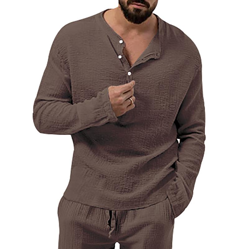 New Autumn Long Sleeve T-shirt Men's Loose Button V-neck Top