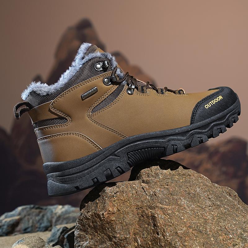 TUINANLE Fashion Winter Warm Plush Fur Snow Boots Lace Up Leather Men Boots Outdoor Cotton Shoes Walking Hiking