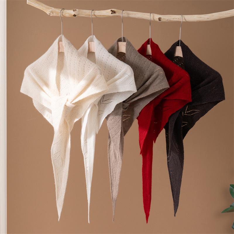 Women's 100% Pure Cashmere Hollow-Out Triangle Knit Scarf - Versatile, Warm, and Stylish Solid Color Design