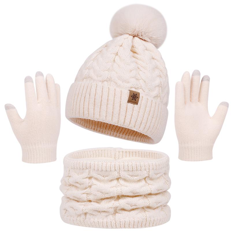 3Pcs Women Winter Hat Scarf Gloves Set Christmas Fur Ball Teenager Beanie Neck Warmer Suit Pompom Knitted Woman Men Cap Set