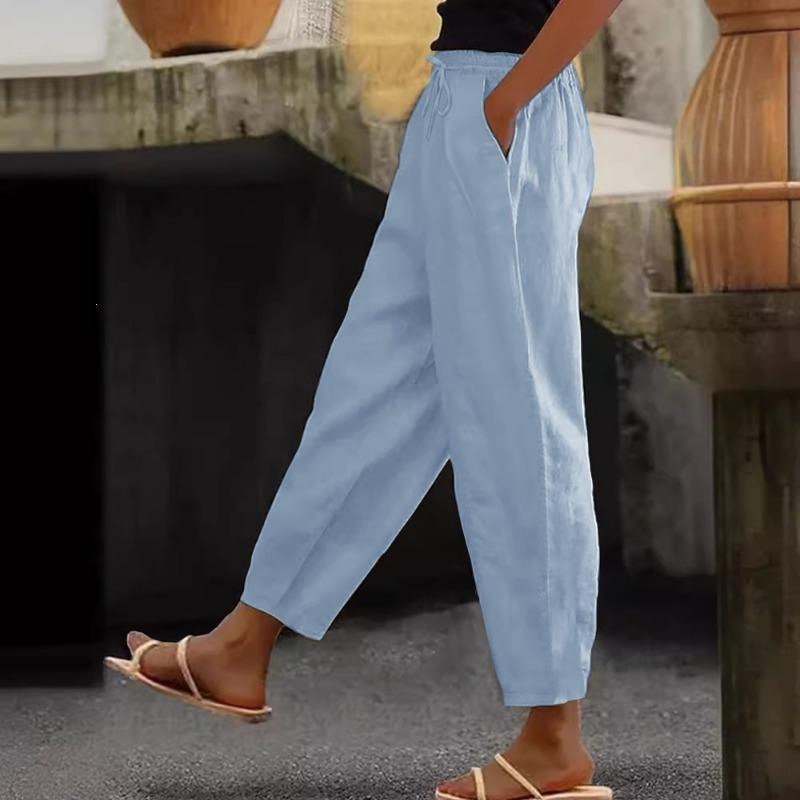 Women High Waist Drawstring Pocket Linen Cropped Carrot Casual Trousers