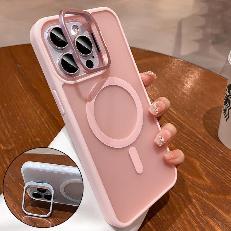 Metal Camera Kickstand For iPhone 16 15 14 Plus 13 12 Mini 11 Pro Max For Magsafe Wireless Charge Magnet Matte Shockproof Cover