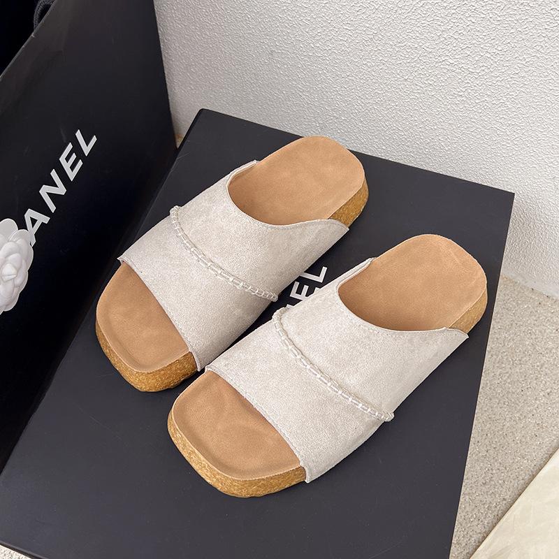 Thick-soled Slippers Women's Summer Wear Retro Leather One-word Casual Cool Slippers Slippers B & B