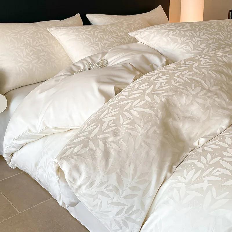 Light Luxury Satin Jacquard Solid Fitted Sheet Sets Pure Cotton Skin-Friendly Soft Quilt Cover 1.5/1.8M Bed Bedding for Adults