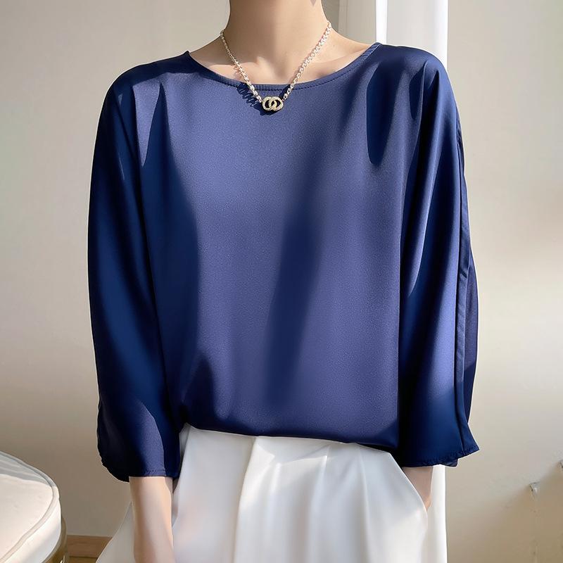 Round Neck Nine-point Sleeve Loose and Slim Simple and Fashionable Shirt Summer Thin Drooping Niche Design Top