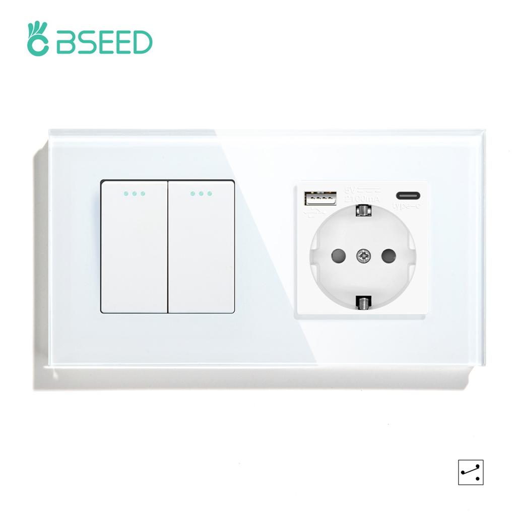 BSEED 1/2/3-fach Wandschalter 2-Wege Treppenlichtschalter Plus Typ-C USB-Steckdose EU-Standard Glaspanel