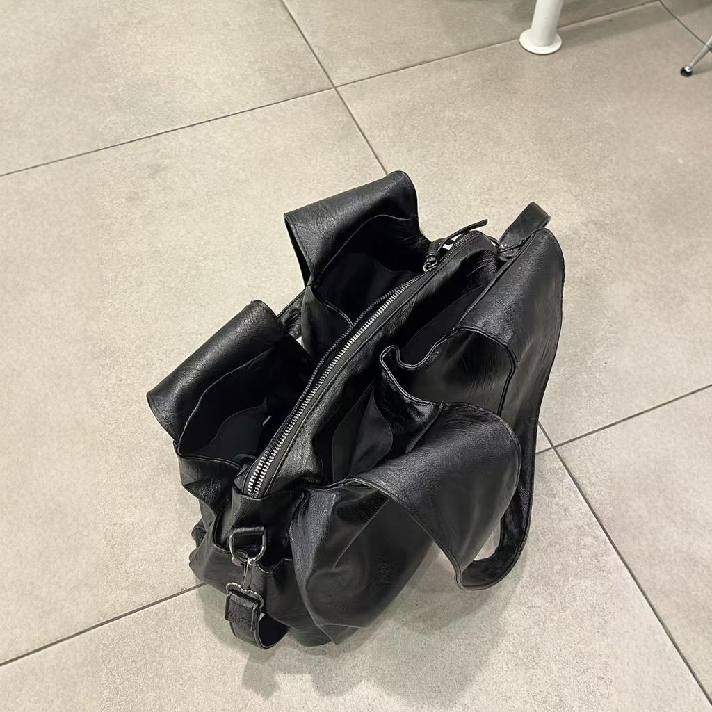 Cross-border Large-capacity Bag 2025 New Shoulder Bag Soft-sided Casual Retro Black Tote Bag Messenger Bag Bag Women