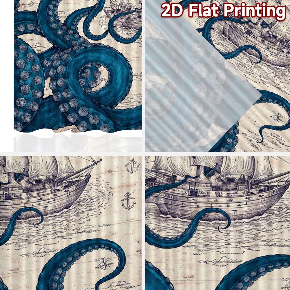 2D FLAT PRINTING 2pcs Curtains (Without Rod) Octopus and Sailing Ships Fashionable Modern Curtains Durable 100% Polyester Fabric