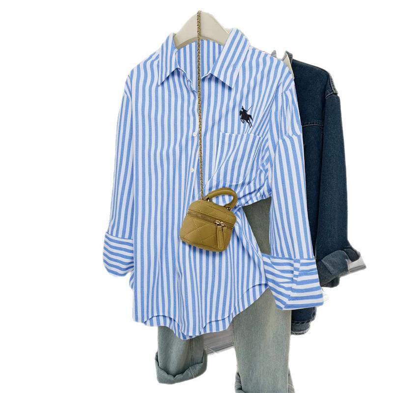 

New Holiday Solid Color Long Sleeve Button Up Shirt Women Fashion S синий