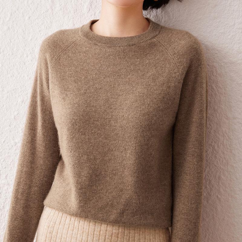Women's Cashmere Sweater, Autumn/Winter 2026, Round Neck, Raglan Sleeve, Gentle, Loose Slimming Fit, Solid Color.