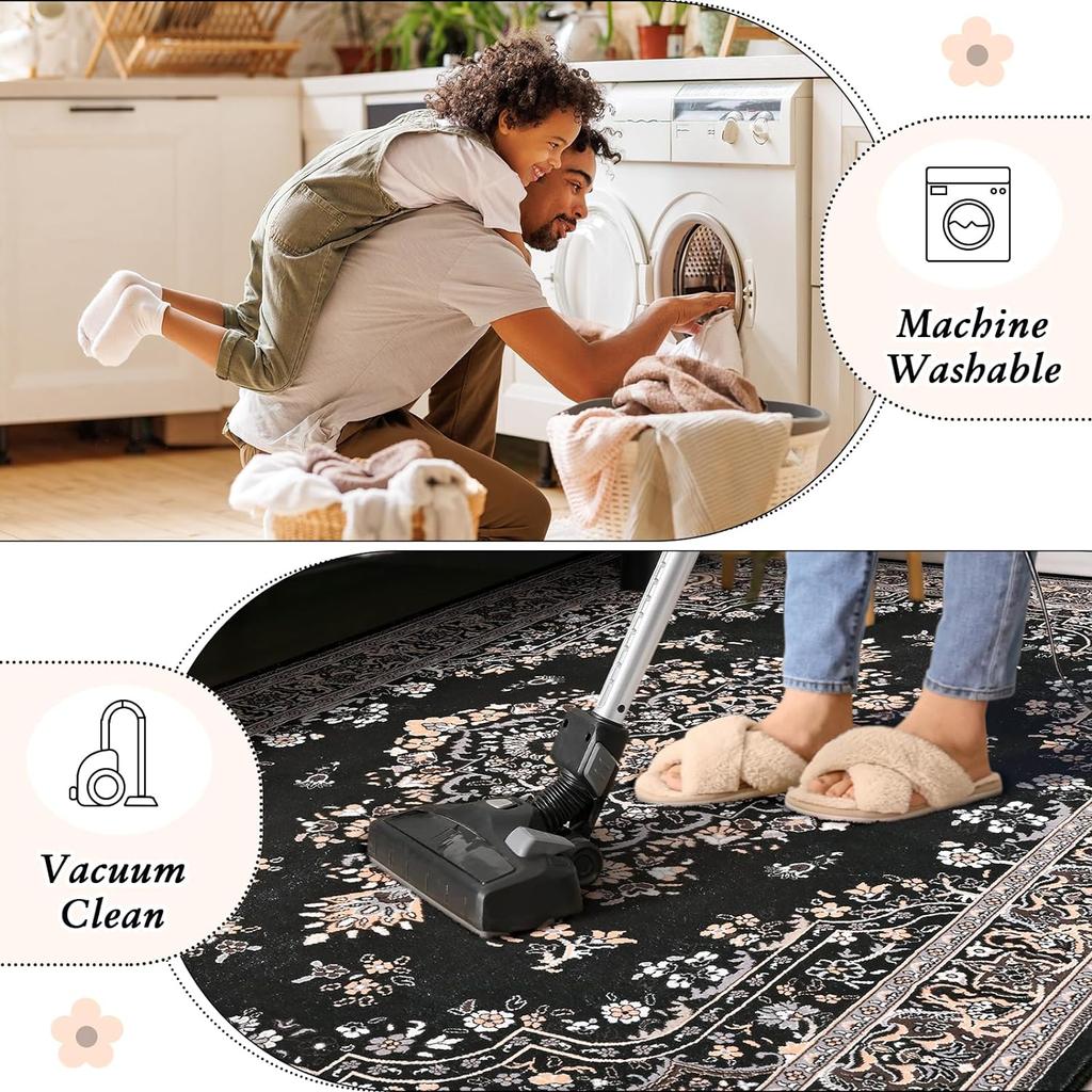 NOAHAS Washable Rugs for Living Room Non Slip Vintage Rug Faux Wool Floral Rug for Bedroom Dining Room Carpet Rug for Room Decor