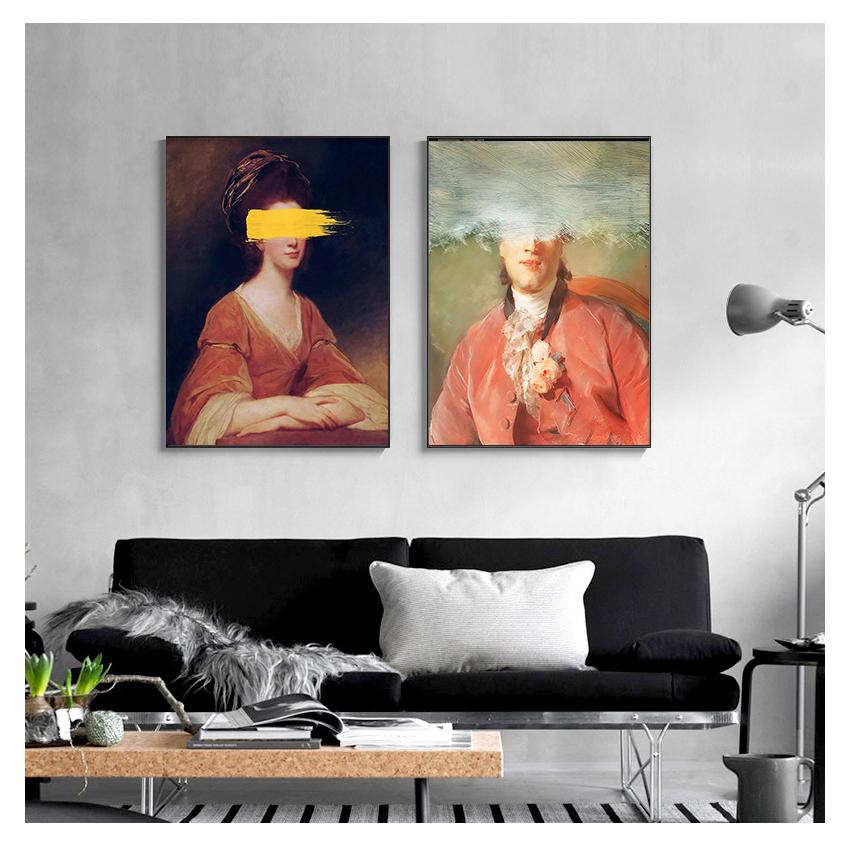 Man Woman Pastel Canvas Painting Prints Quirky Gallery Wall Decor Artwork Poster Home Decoration Altered Art Vintage Portrait Of
