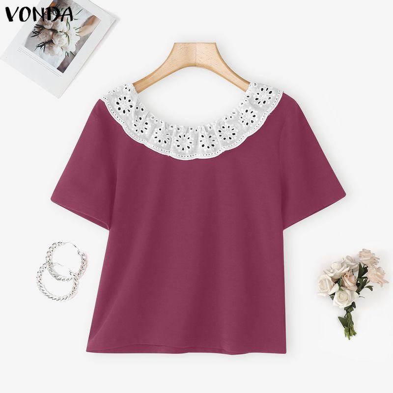 VONDA Women Short Sleeve Lace Crochet Back Bow Patchwork Casual Cropped Blouse