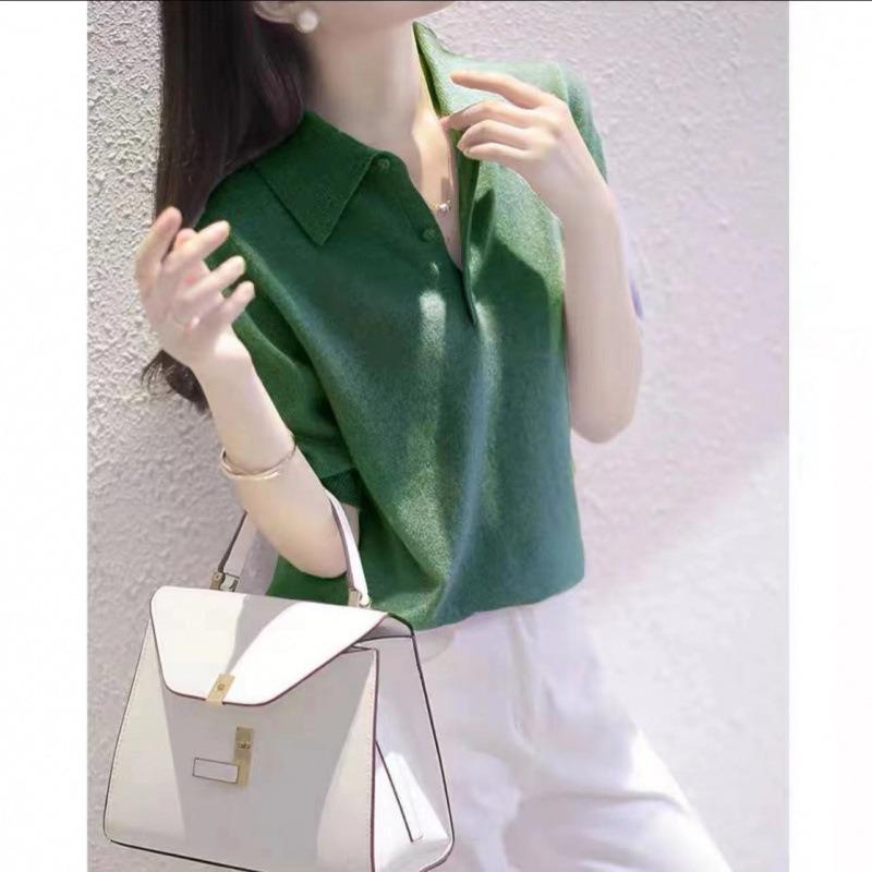 New women's summer lapel temperament white purple short-sleeved ice silk knitted sweater