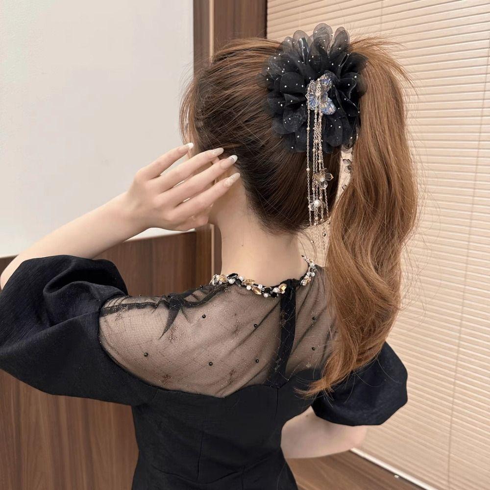 Peony Flower Grasping Clip Mesh Flower Hairgrips Temperament Hair Claw Clips  Women