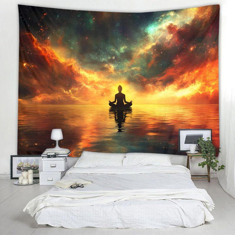 Galaxy Sunset Yoga Meditation Silhouette Wall Tapestry Orange Red Cosmic Nebula Water Reflection Starry Sky Zen Bedroom