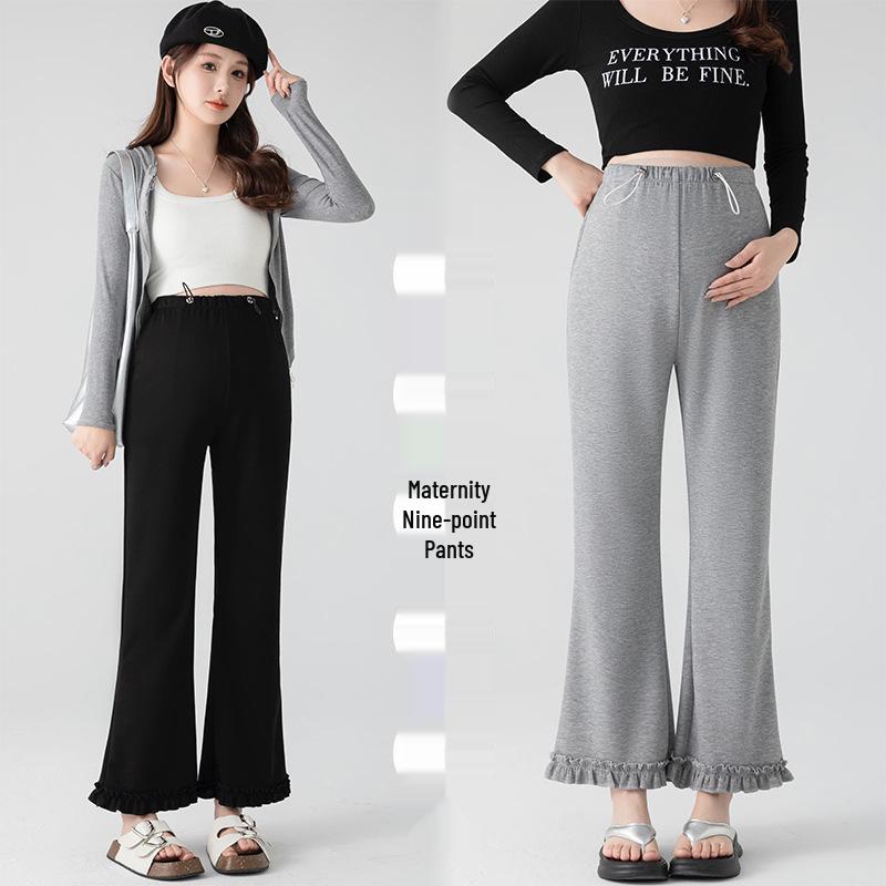 High Waist Ruffle Trim Maternity Pants - Spring & Autumn Micro Flare, Casual Loose Fit, Cropped Tailored.