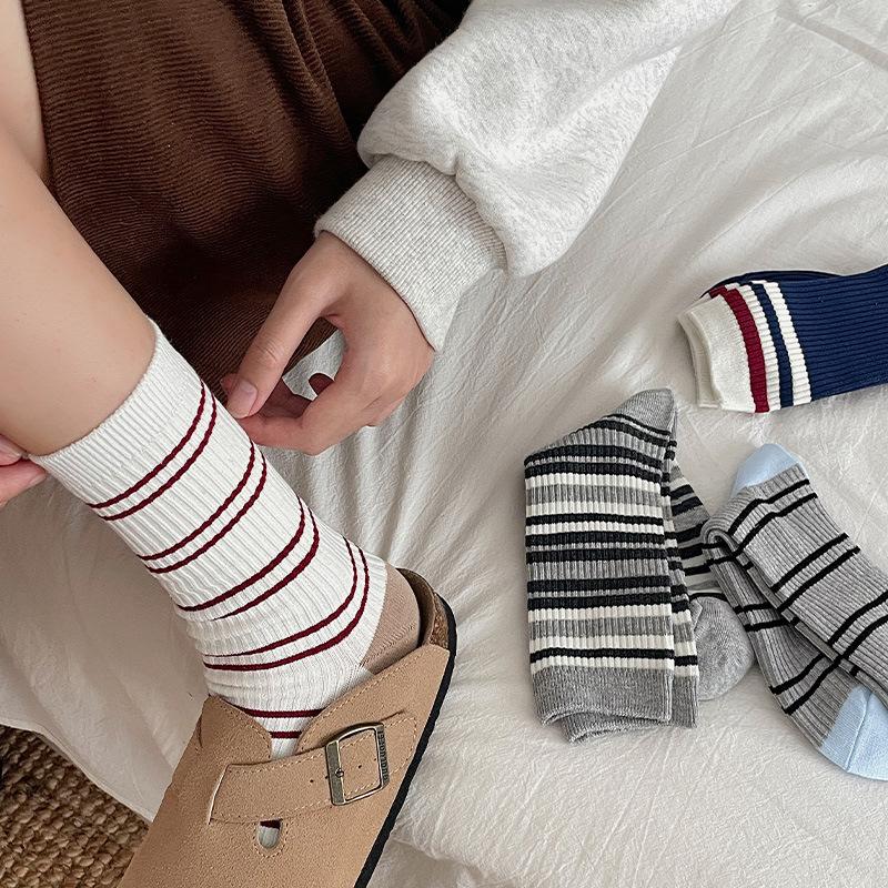 Korean Double Needle Striped Cotton Socks Autumn Retro Sports Stockings Piled Up Socks With Socks Stripes