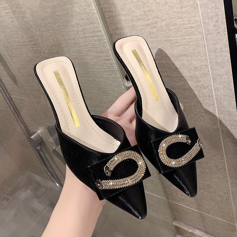 Mode Ny Stil Dam Damtofflor Mules Spetsig Tå Gummi Metallkedjor Yttersula Slides Skor Mode Casual Dam Höga Klackar